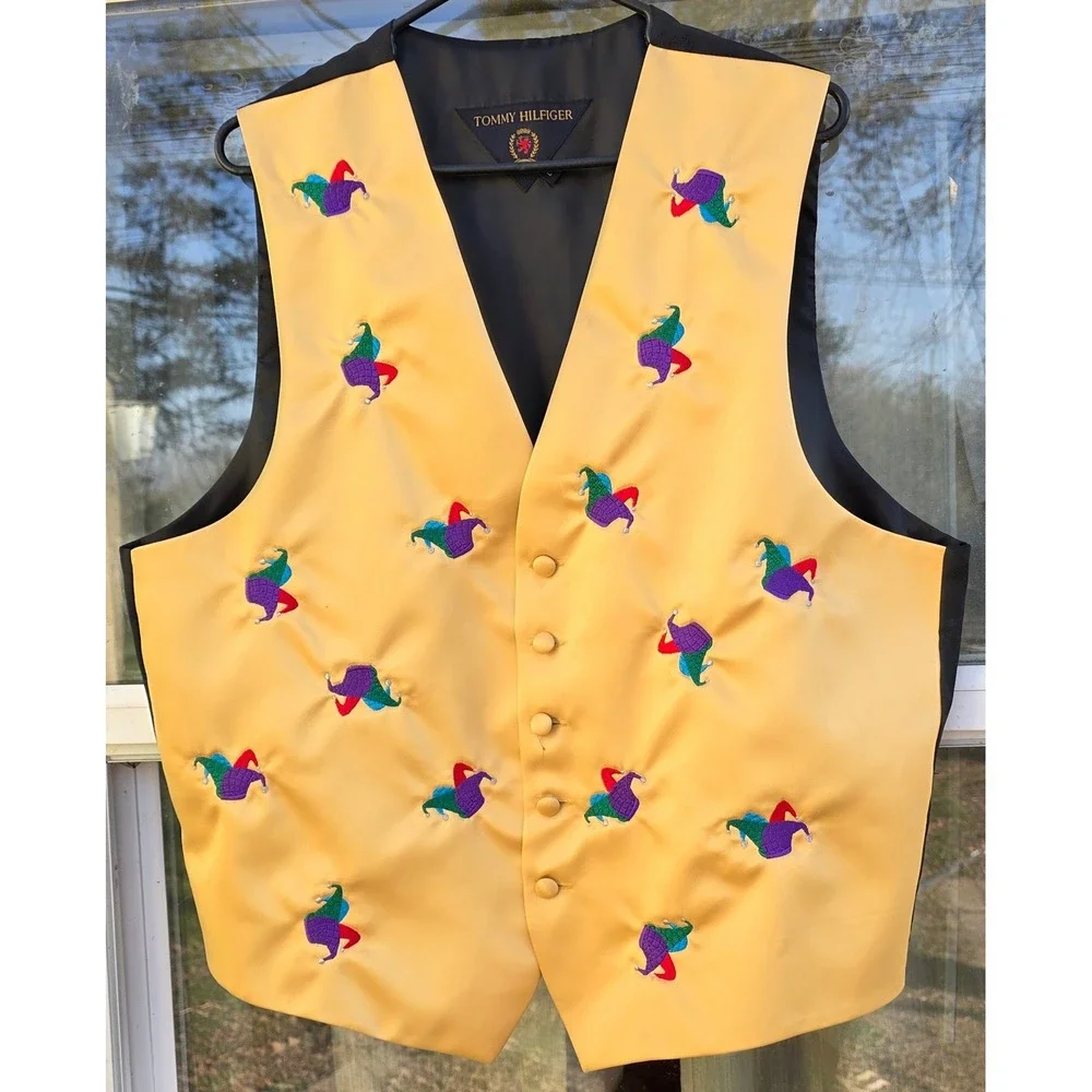 Tommy Hilfiger Jester Vest Mens Large Yellow Black Excellent Vintage 90s‎ Satin